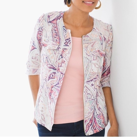 Chico’s Cream Pink Blue Linen Zip-up Jacket 3/4 Length Sleeves - Picture 1 of 10